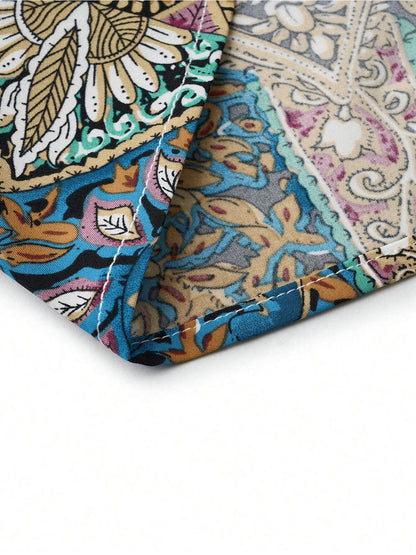 Women Print Maxi Dress High Waisted Cross Halter Neck With Tie Detail,Flowing Vacation Gown In Teal, Blue-Green & Brown Paisley   Pattern, Machine Washable, Summer Fashion Decorative Tie Detail