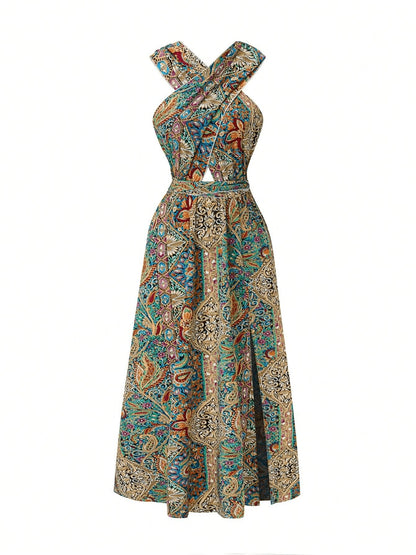 Women Print Maxi Dress High Waisted Cross Halter Neck With Tie Detail,Flowing Vacation Gown In Teal, Blue-Green & Brown Paisley   Pattern, Machine Washable, Summer Fashion Decorative Tie Detail