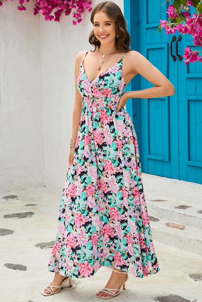 Green Sling V-Neck Elastic Waist Floral Maxi Dress