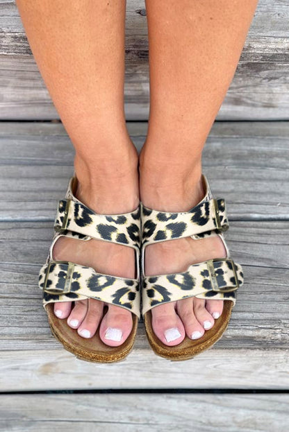 Leopard PU Leather Square Buckle Slippers