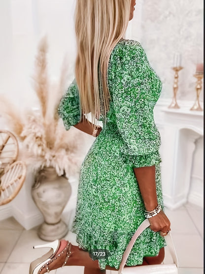 V-neck Printed Dress With Ruffled Sleeves And Waist-exquisite And Elegant Design For Women-perfect For Women's Wear In Spring And Autumn.