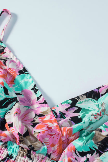 Green Sling V-Neck Elastic Waist Floral Maxi Dress